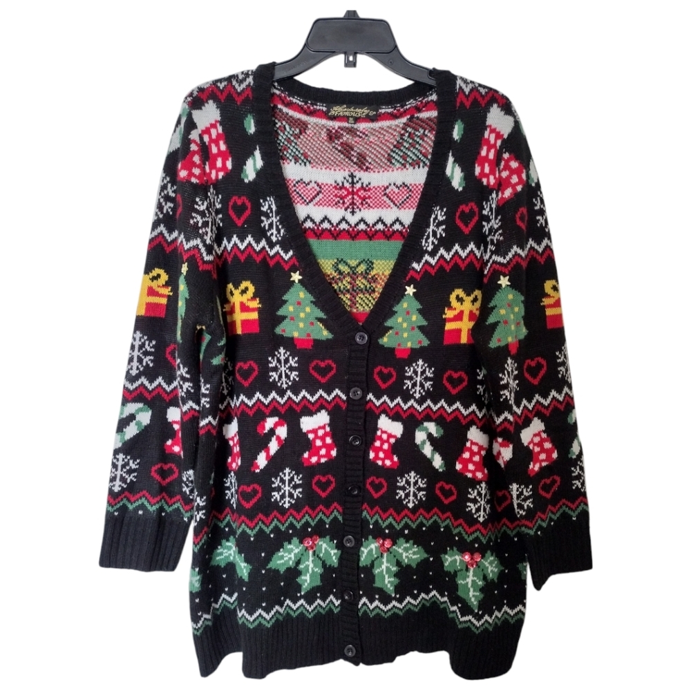 Absolutely Famous Black Multicolor Christmas Icons Pattern Sweater size 2X